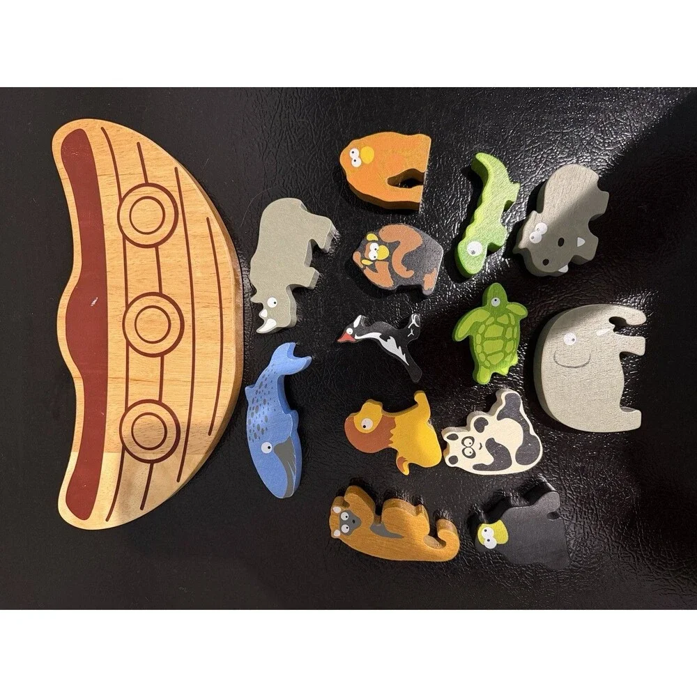 Wooden Noah’s Ark Balancing Animal Stacker Toy With 13 Animals.